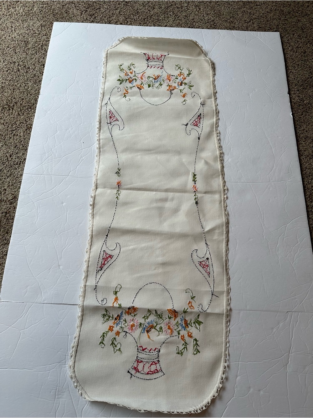Vintage Handmade Embroidered Table/Dresser Runner Floral Crochet Edges 39.5"x13" - Picture 8 of 8
